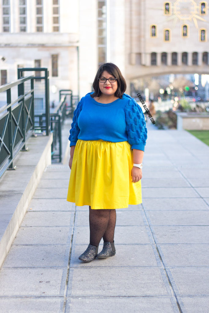 Tenue grande taille bleu et jaune par Letilor blog mode belge